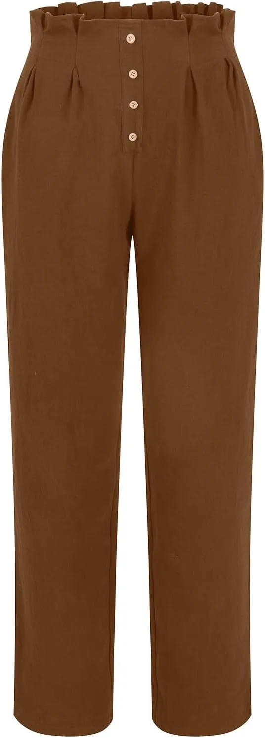 Womens Linen Pants Summer High Waisted Work Pants Trousers Lightweight Paperbag Elastic Waist Pants with Pockets