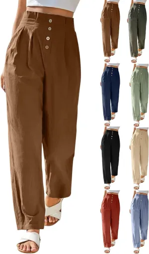 Womens Linen Pants Summer High Waisted Work Pants Trousers Lightweight Paperbag Elastic Waist Pants with Pockets