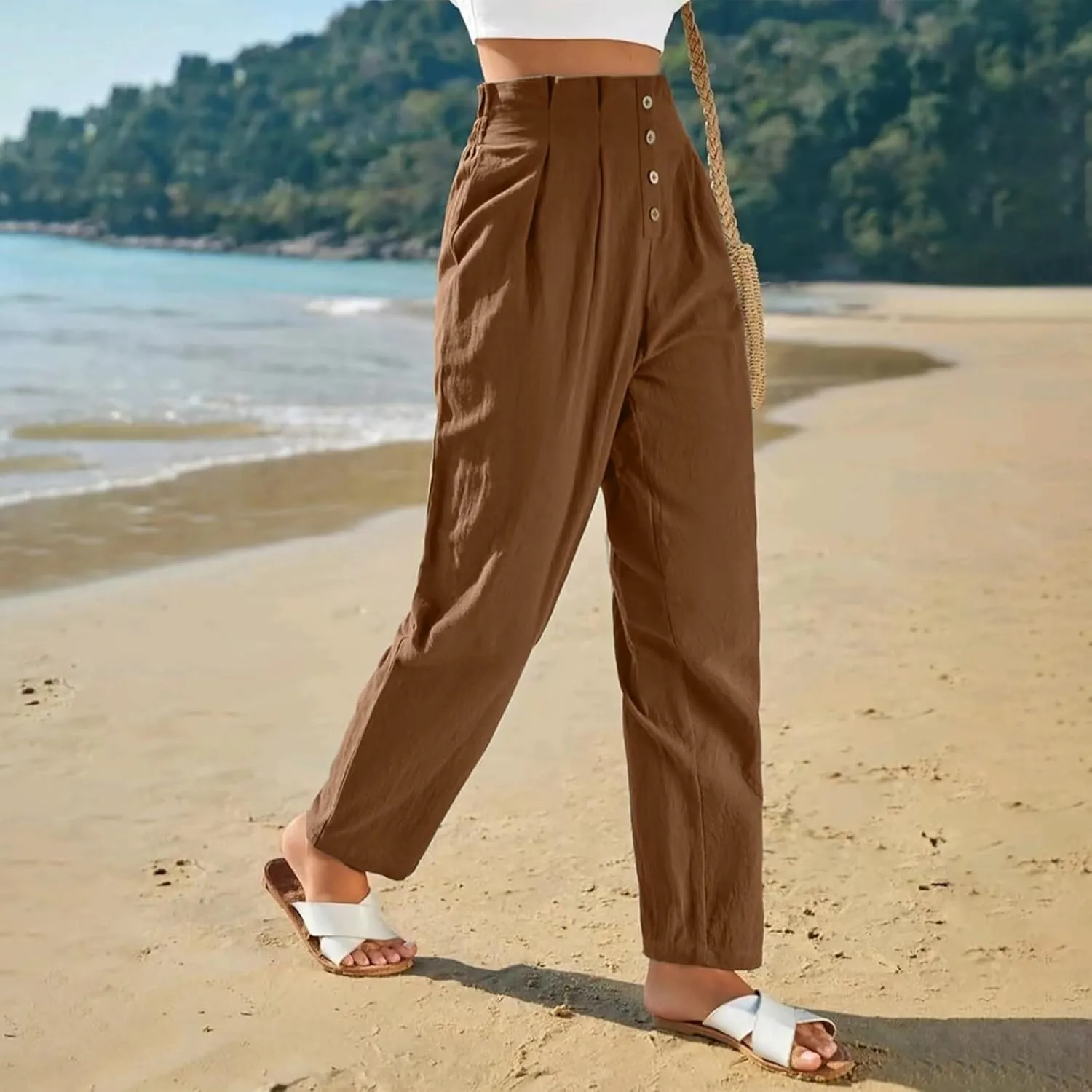 Womens Linen Pants Summer High Waisted Work Pants Trousers Lightweight Paperbag Elastic Waist Pants with Pockets