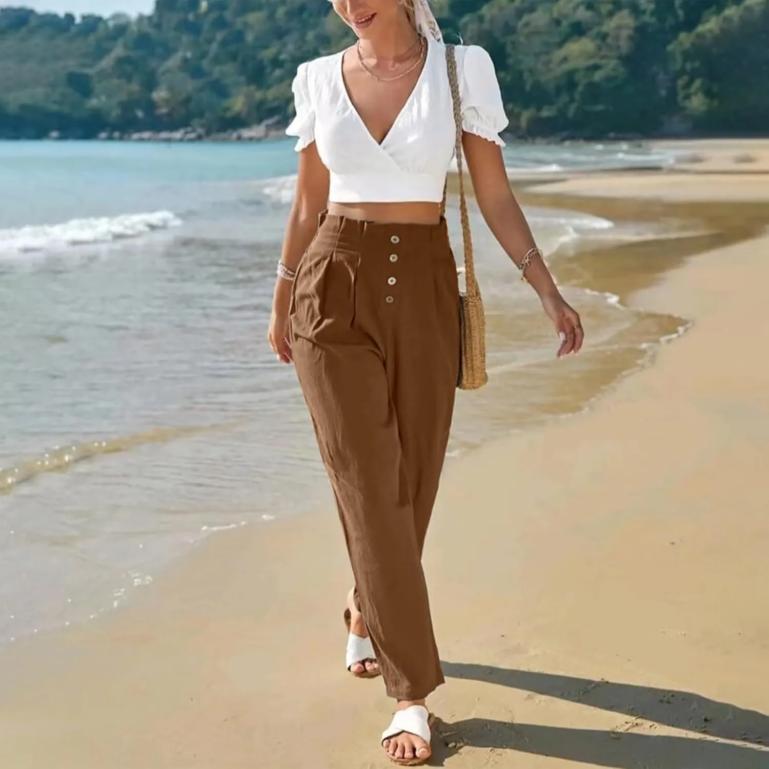 Womens Linen Pants Summer High Waisted Work Pants Trousers Lightweight Paperbag Elastic Waist Pants with Pockets