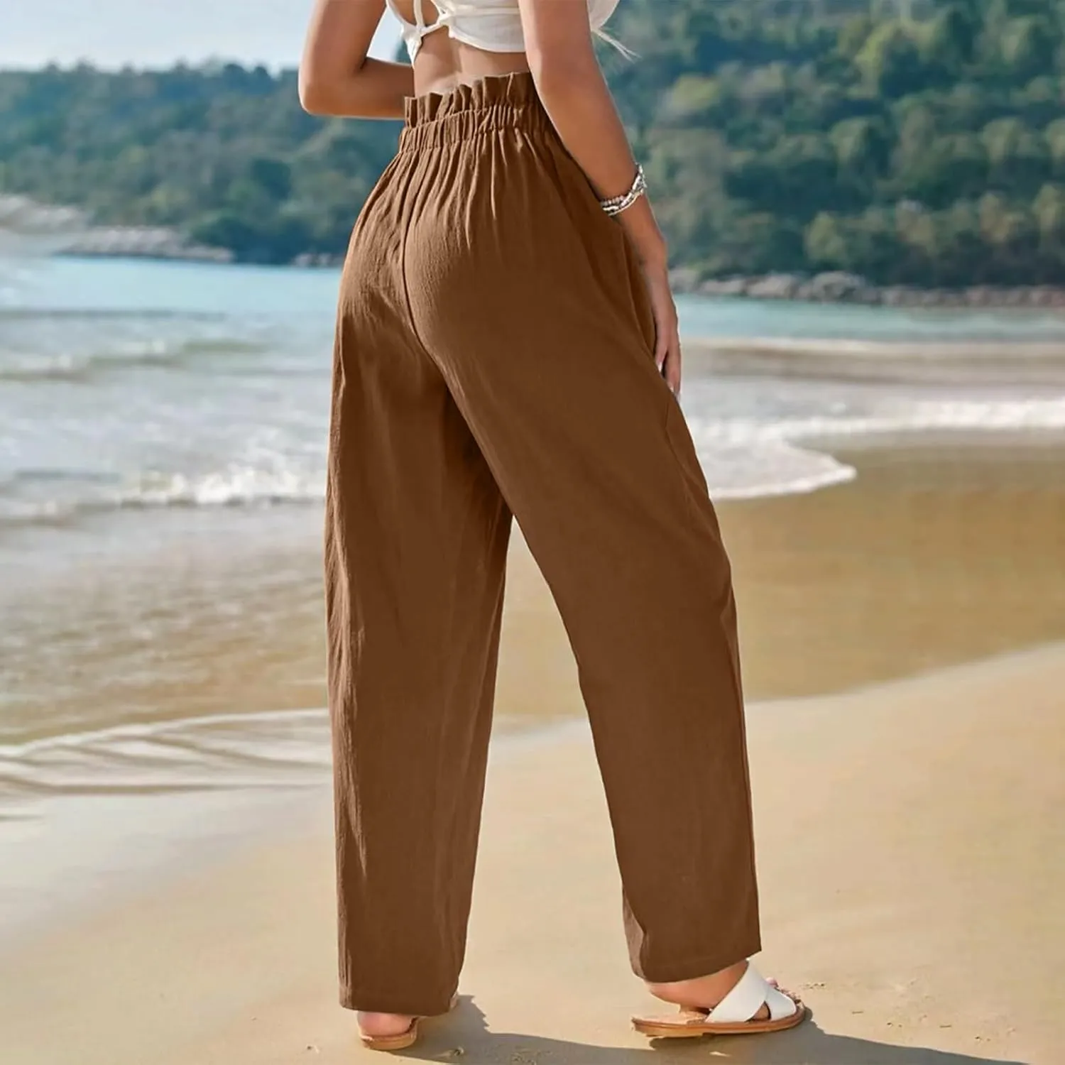 Womens Linen Pants Summer High Waisted Work Pants Trousers Lightweight Paperbag Elastic Waist Pants with Pockets