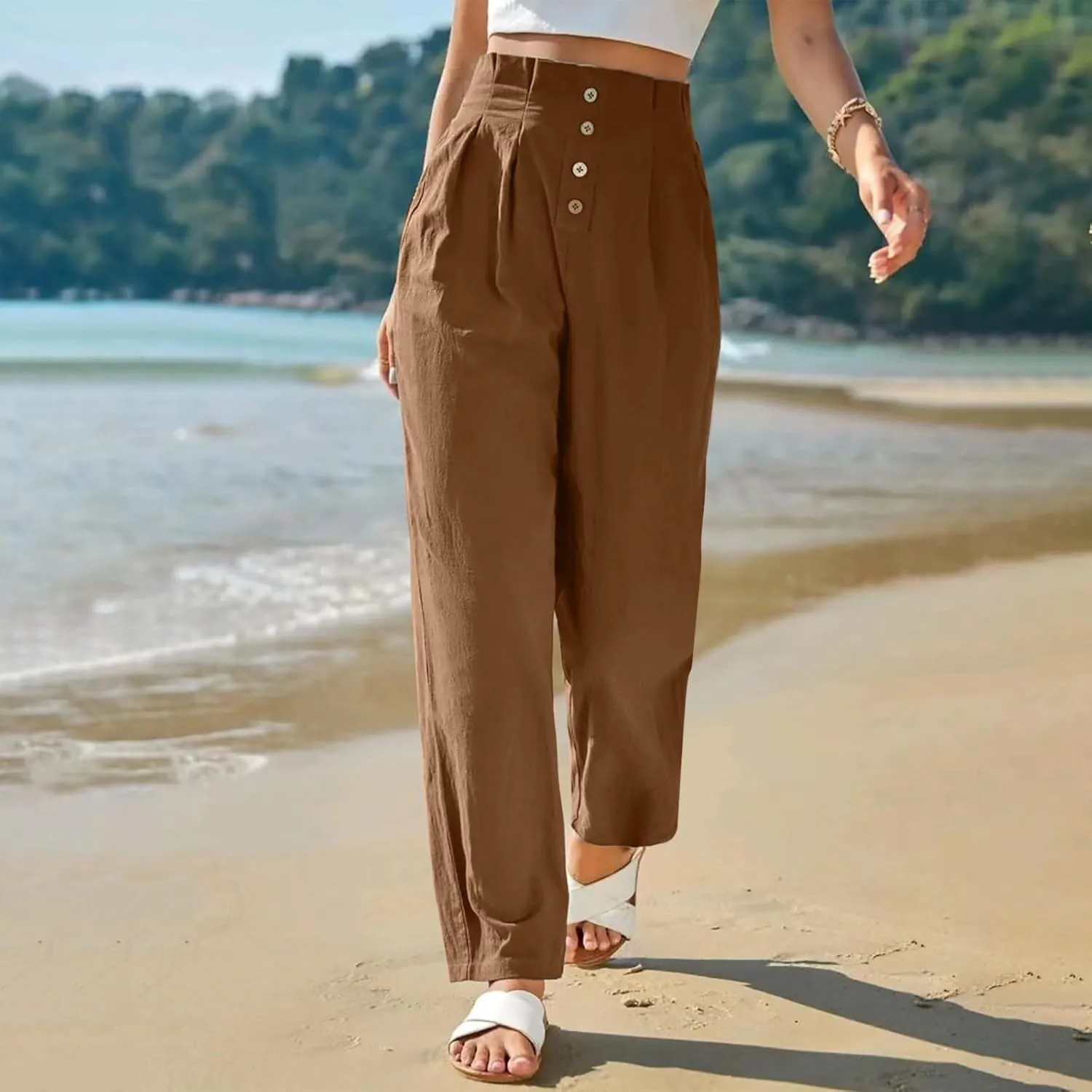 Womens Linen Pants Summer High Waisted Work Pants Trousers Lightweight Paperbag Elastic Waist Pants with Pockets