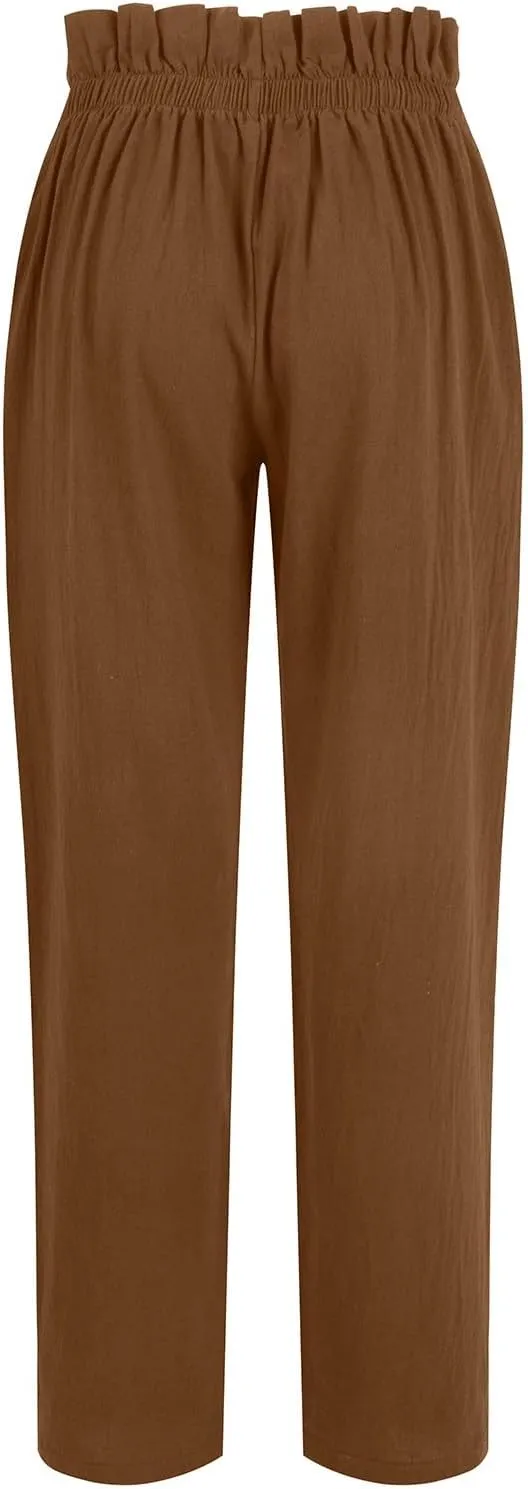 Womens Linen Pants Summer High Waisted Work Pants Trousers Lightweight Paperbag Elastic Waist Pants with Pockets