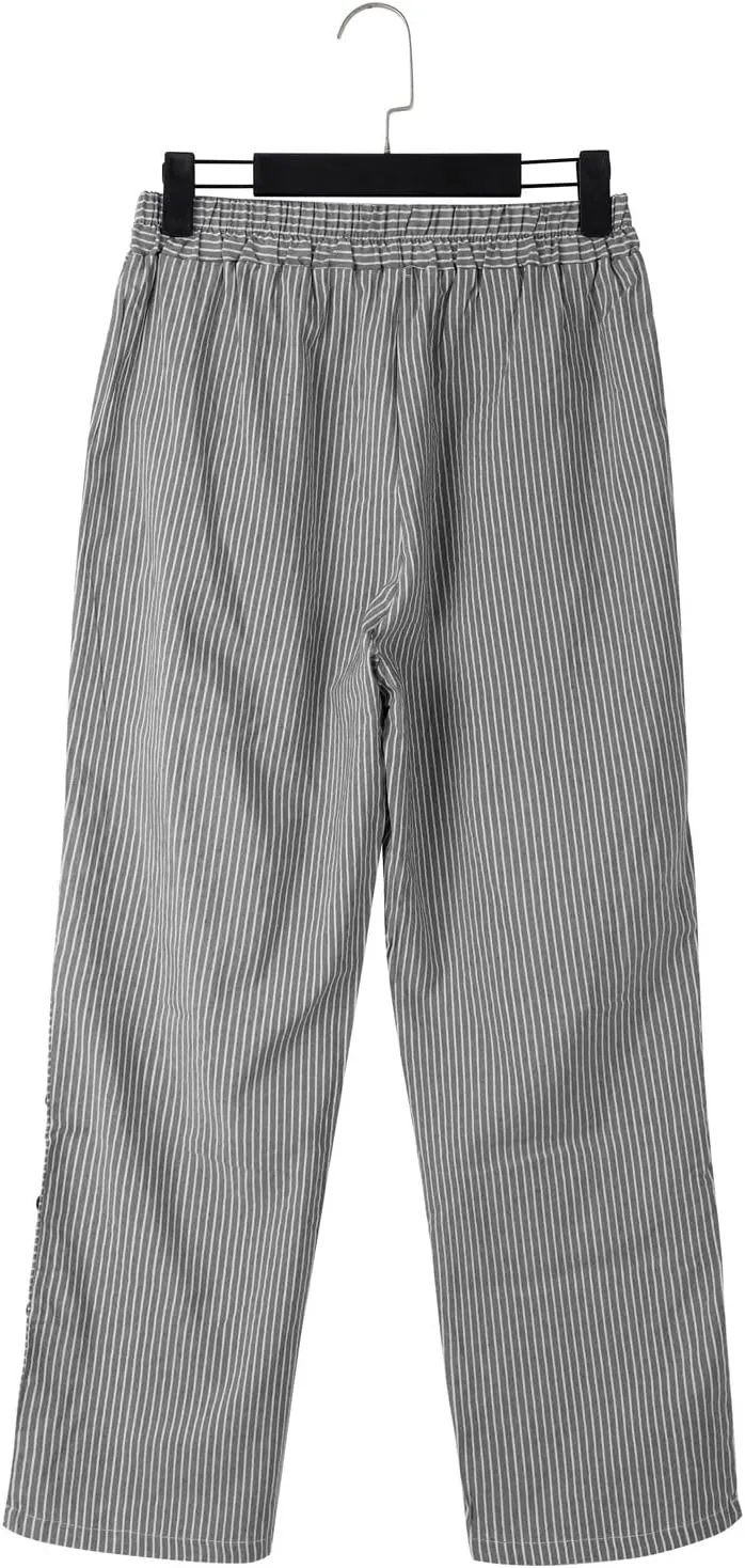 Womens Linen Pants with Pockets Loose Elastic High Waisted Comfy Beach Trousers Striped Side Button Casual Pants