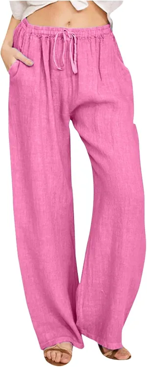 Womens Linen Summer Palazzo Pant Flowy Wide Leg Beach Pants High Waisted Casual Trousers with Pockets