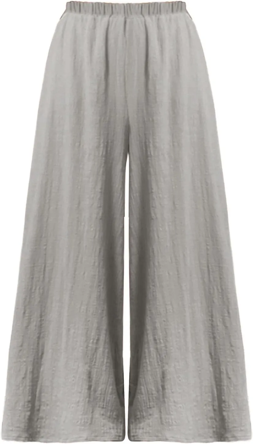 Women's Linen Summer Trendy Palazzo Pants Elastic Waisted Stretchy Loose Fit Palazzo Pants Business Work