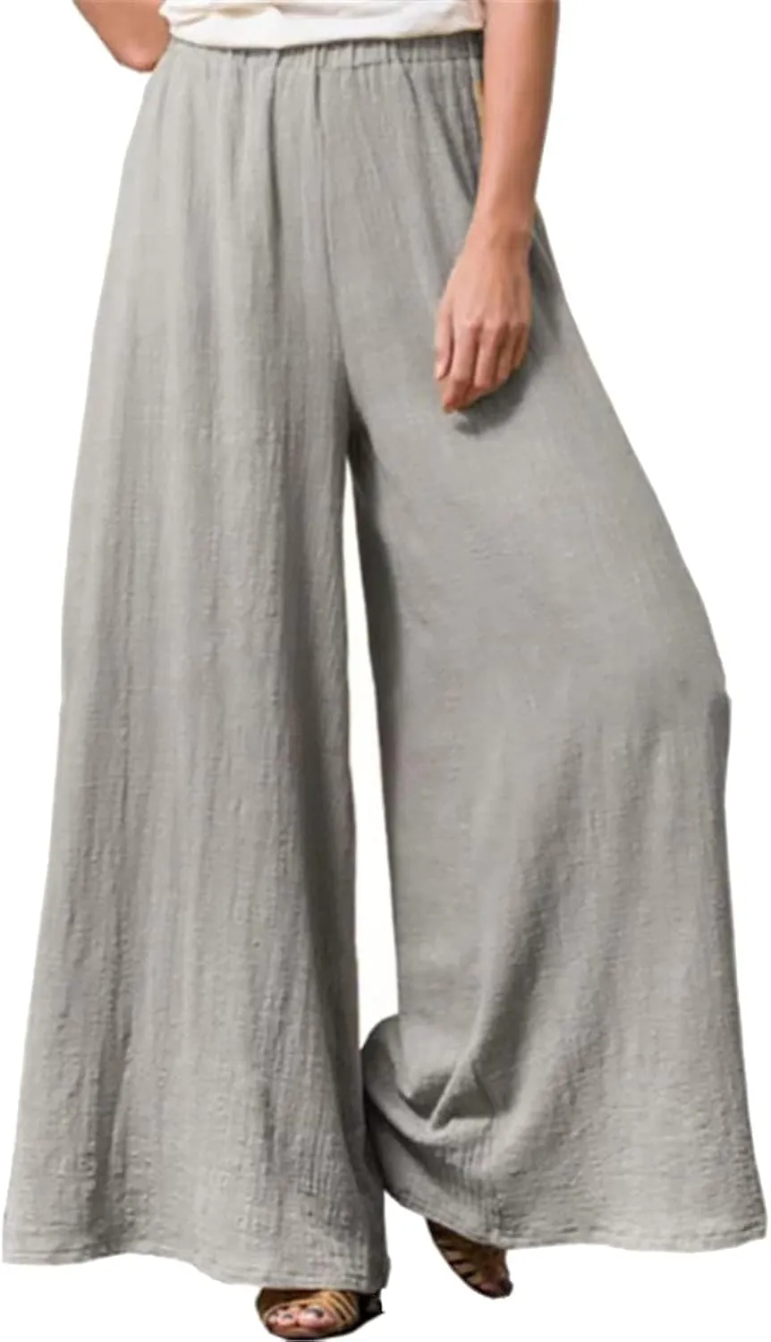 Women's Linen Summer Trendy Palazzo Pants Elastic Waisted Stretchy Loose Fit Palazzo Pants Business Work