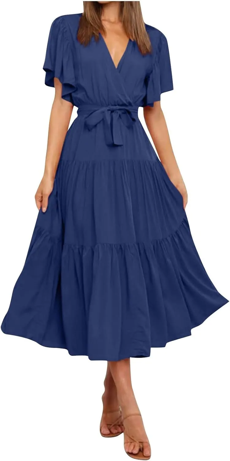 Women's Maxi Dress Summer Casual Loose Solid Color Dress 2024 Swing Waist V-Neck Short Sleeve Maxi Dresses, S-2XL