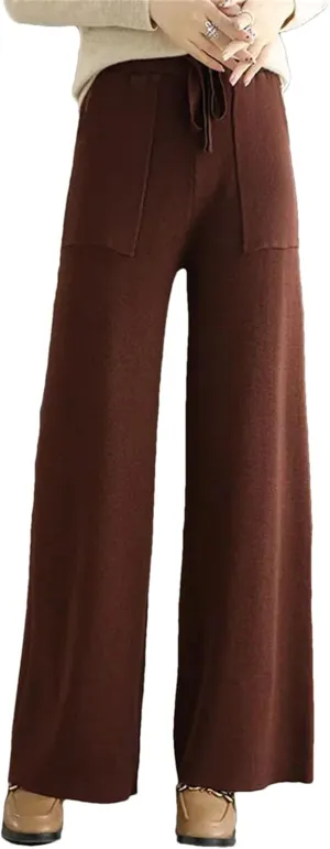 Women's Merino Wool Pants High Waist Wide Leg Straights Trousers Winter Thick Knitted Wool Pants