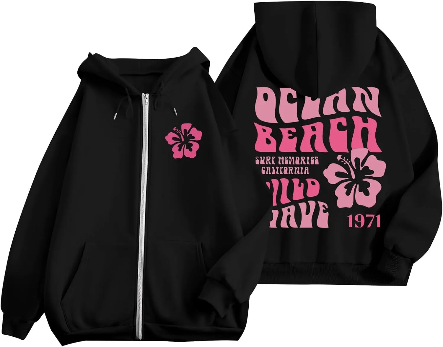 Women's Oversized Full Zip Hoodies Y2K Cute Preppy Graphic Zip Up Sweat Jackets For Teen Girls with Pockets