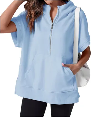 Womens Oversized Half Zip Hoodies Short Sleeve Casual Sweatshirts Summer Pullover Tops with Pockets Loose 2025 Clothes