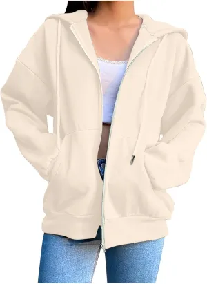 Womens Oversized Zip Up Hoodie Trendy Drawstring Long Sleeve Fall Jackets Casual Teen Girls Y2k Hooded Sweatshirts