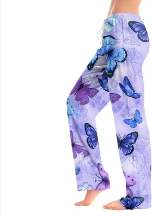 Womens Pajama Pants Butterfly Print High Waist Casual Palazzo Pants Drawstring Wide Leg Trousers with Pocket