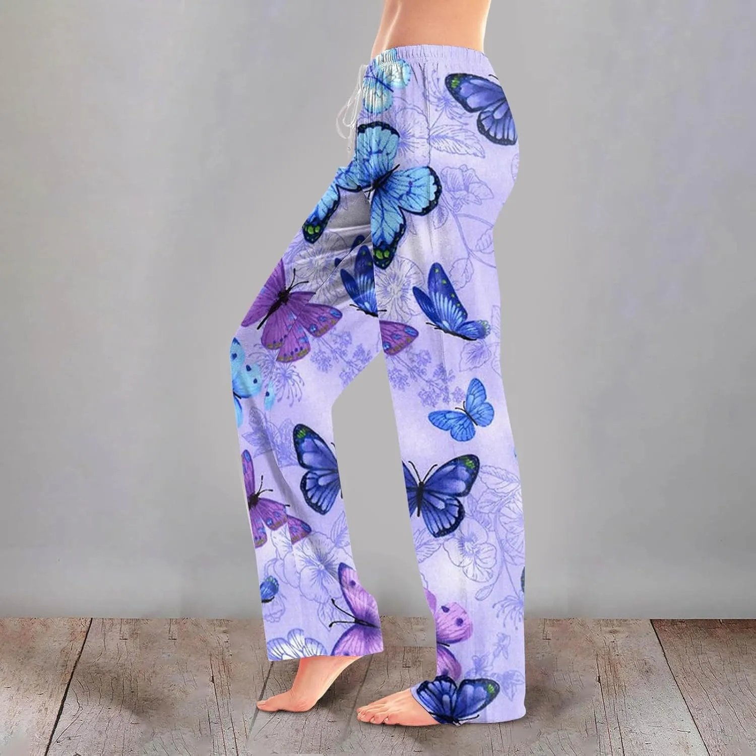 Womens Pajama Pants Butterfly Print High Waist Casual Palazzo Pants Drawstring Wide Leg Trousers with Pocket