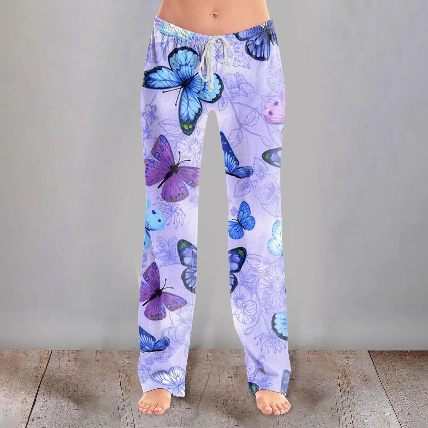 Womens Pajama Pants Butterfly Print High Waist Casual Palazzo Pants Drawstring Wide Leg Trousers with Pocket