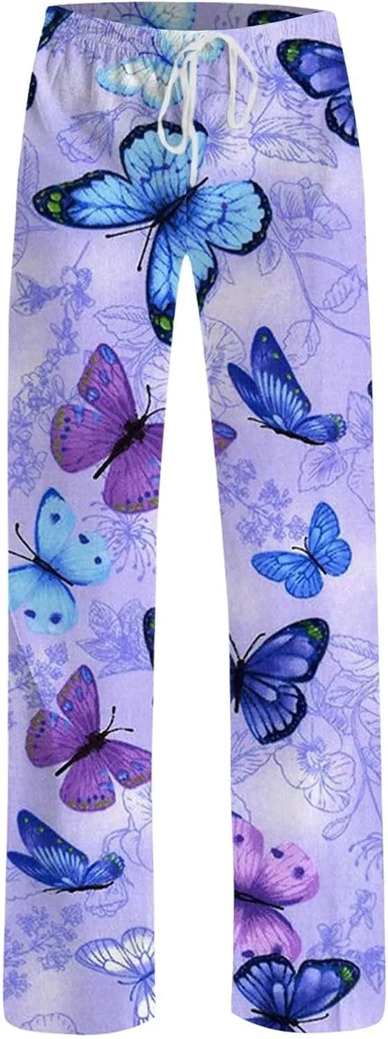 Womens Pajama Pants Butterfly Print High Waist Casual Palazzo Pants Drawstring Wide Leg Trousers with Pocket