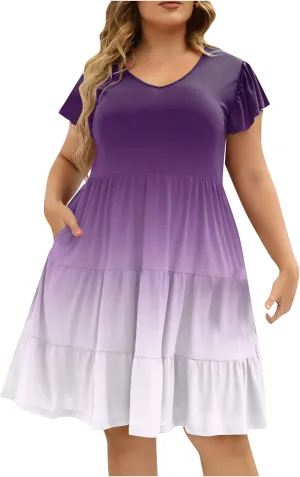 Women's Plus Size Dresses for Curvy Floral Print Short Sleeve Loose Large Hem Tshirt Dresses with Pockets
