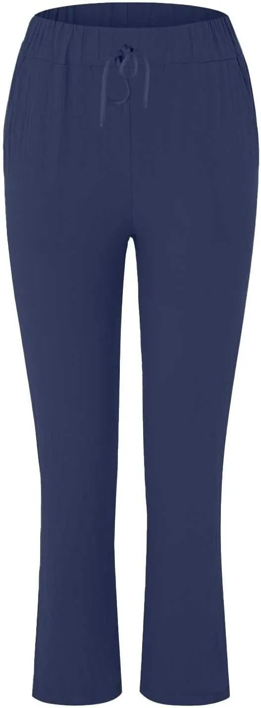 Womens Roll Up Straight Leg Linen Pants Casual Drawstring Elastic Waist Loose Slacks Lounge Petite Pants with Pockets