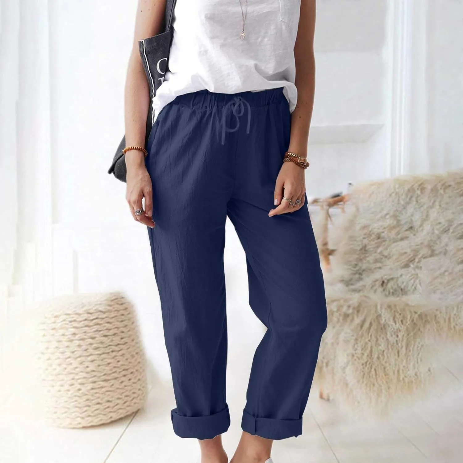 Womens Roll Up Straight Leg Linen Pants Casual Drawstring Elastic Waist Loose Slacks Lounge Petite Pants with Pockets