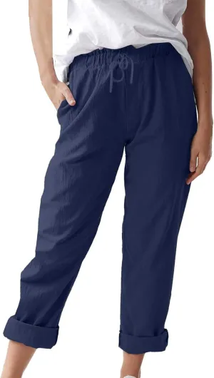 Womens Roll Up Straight Leg Linen Pants Casual Drawstring Elastic Waist Loose Slacks Lounge Petite Pants with Pockets