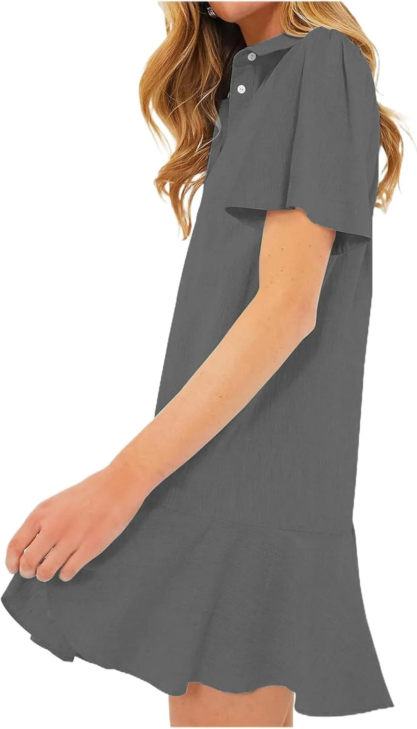 Women's Ruffle Hem Dresses Short Sleeve Lapel Shirt Mini Dress Button Down Summer Casual Loose Dresses with Pockets
