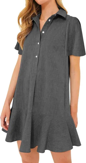 Women's Ruffle Hem Dresses Short Sleeve Lapel Shirt Mini Dress Button Down Summer Casual Loose Dresses with Pockets