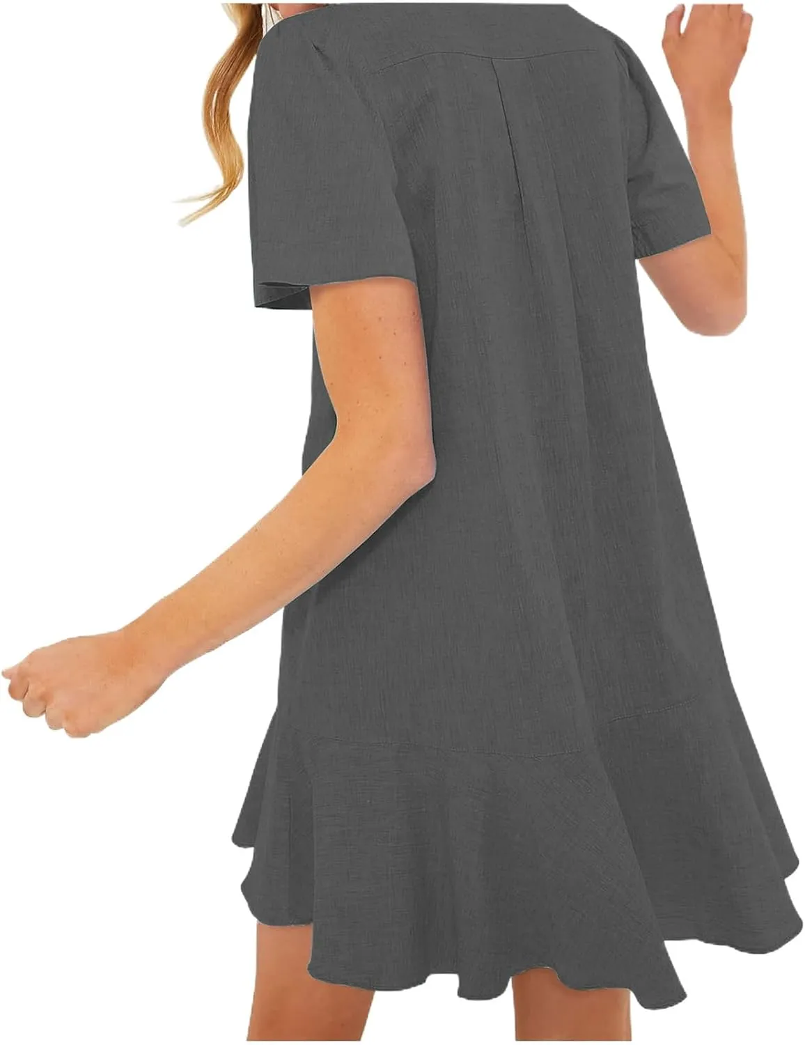 Women's Ruffle Hem Dresses Short Sleeve Lapel Shirt Mini Dress Button Down Summer Casual Loose Dresses with Pockets