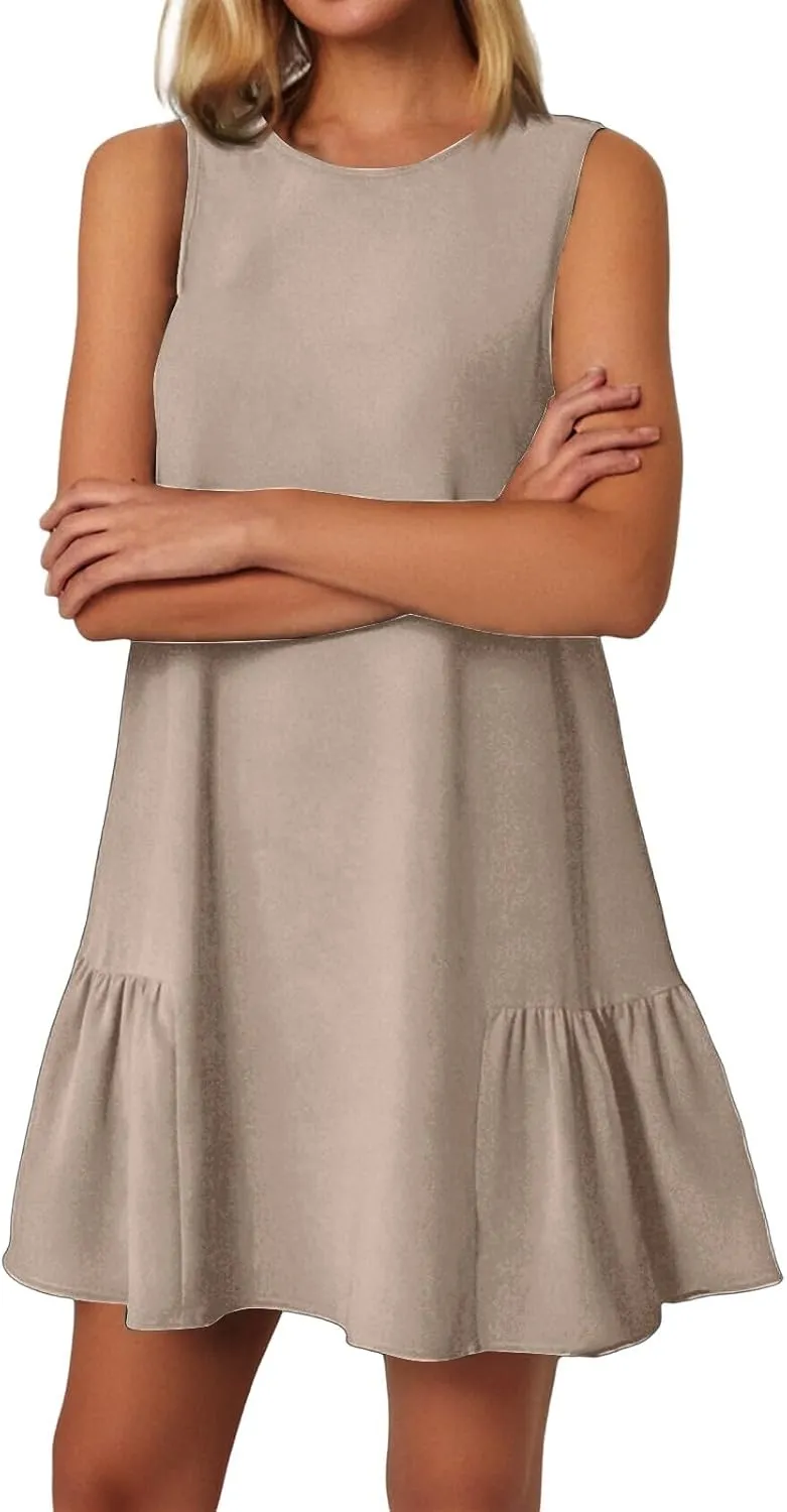 Women's Ruffle Hem Sleeveless Tank Dress Round Neck Casual Jacquard Hem Smock Summer Mini Dresses Sleeveless Dress for Women