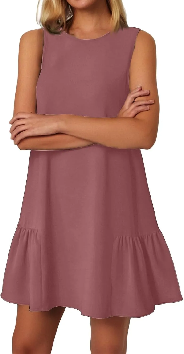 Women's Ruffle Hem Sleeveless Tank Dress Round Neck Casual Jacquard Hem Smock Summer Mini Dresses Sleeveless Dress for Women