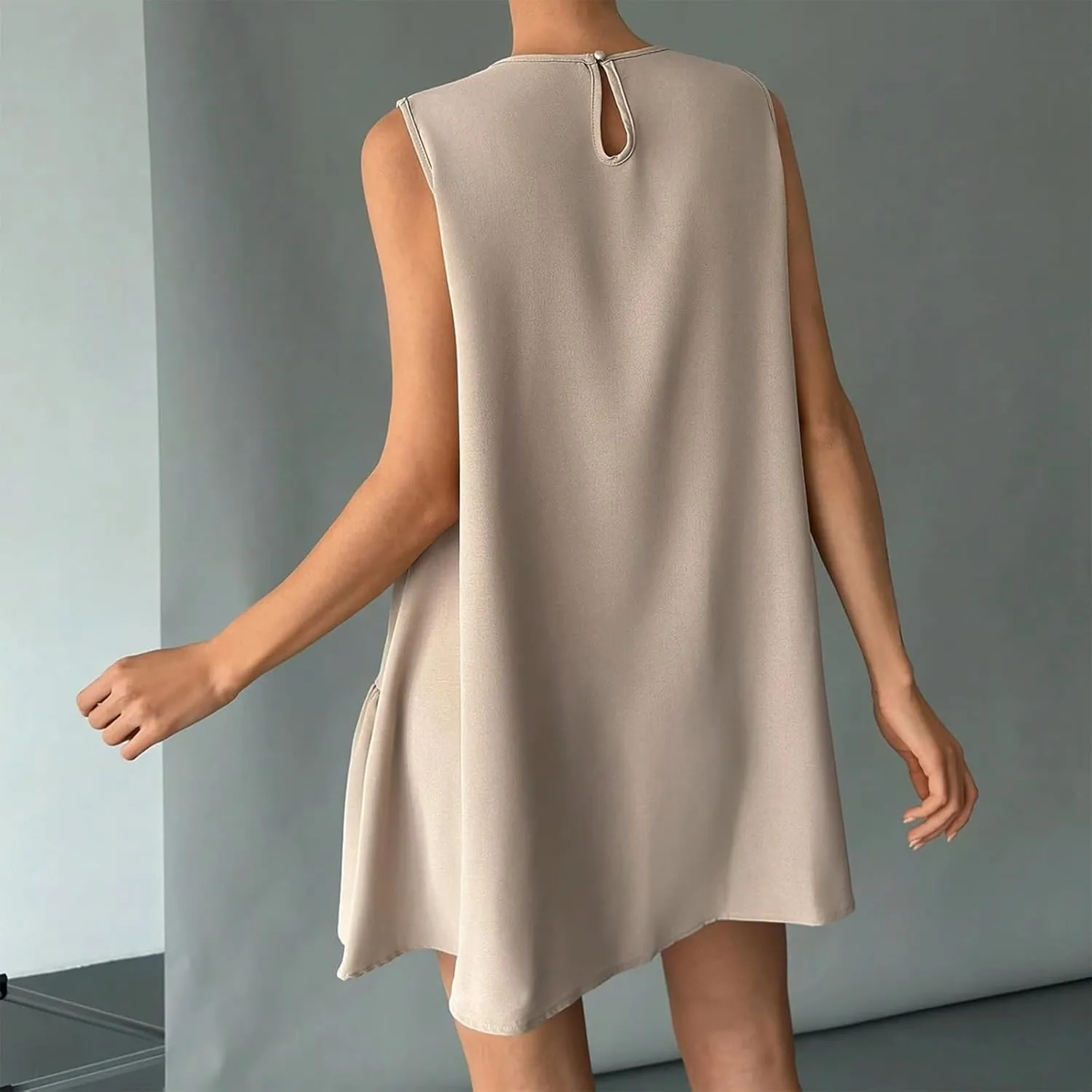 Women's Ruffle Hem Sleeveless Tank Dress Round Neck Casual Jacquard Hem Smock Summer Mini Dresses Sleeveless Dress for Women