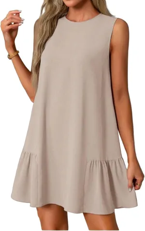 Women's Ruffle Hem Sleeveless Tank Dress Round Neck Casual Jacquard Hem Smock Summer Mini Dresses Sleeveless Dress for Women