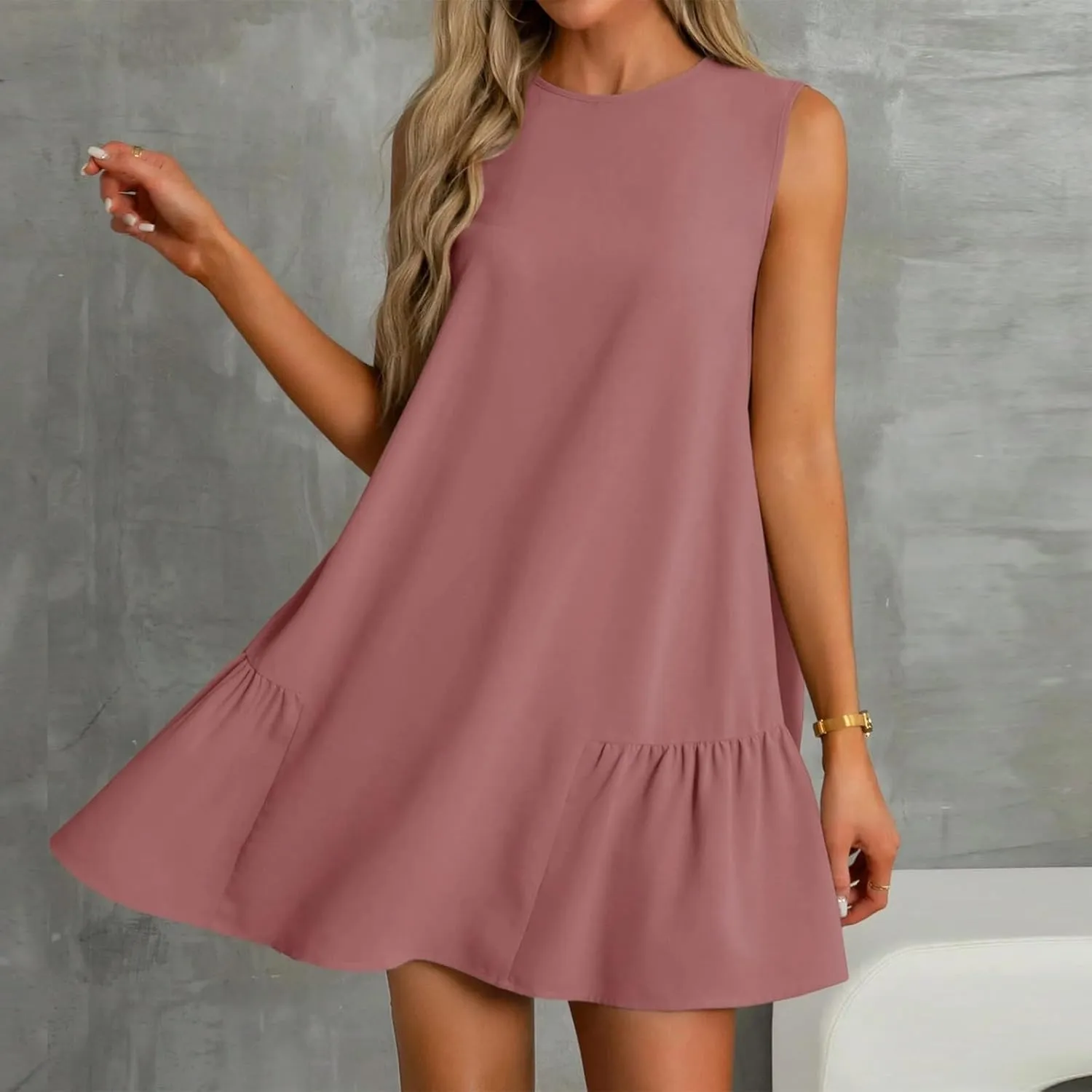 Women's Ruffle Hem Sleeveless Tank Dress Round Neck Casual Jacquard Hem Smock Summer Mini Dresses Sleeveless Dress for Women