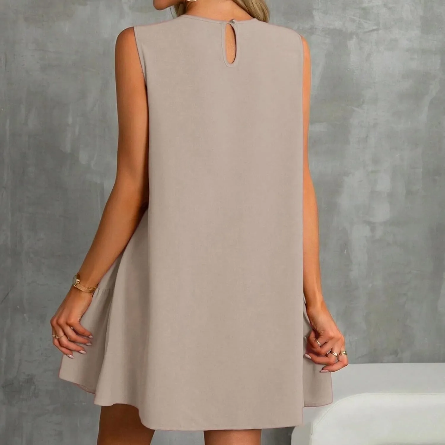 Women's Ruffle Hem Sleeveless Tank Dress Round Neck Casual Jacquard Hem Smock Summer Mini Dresses Sleeveless Dress for Women