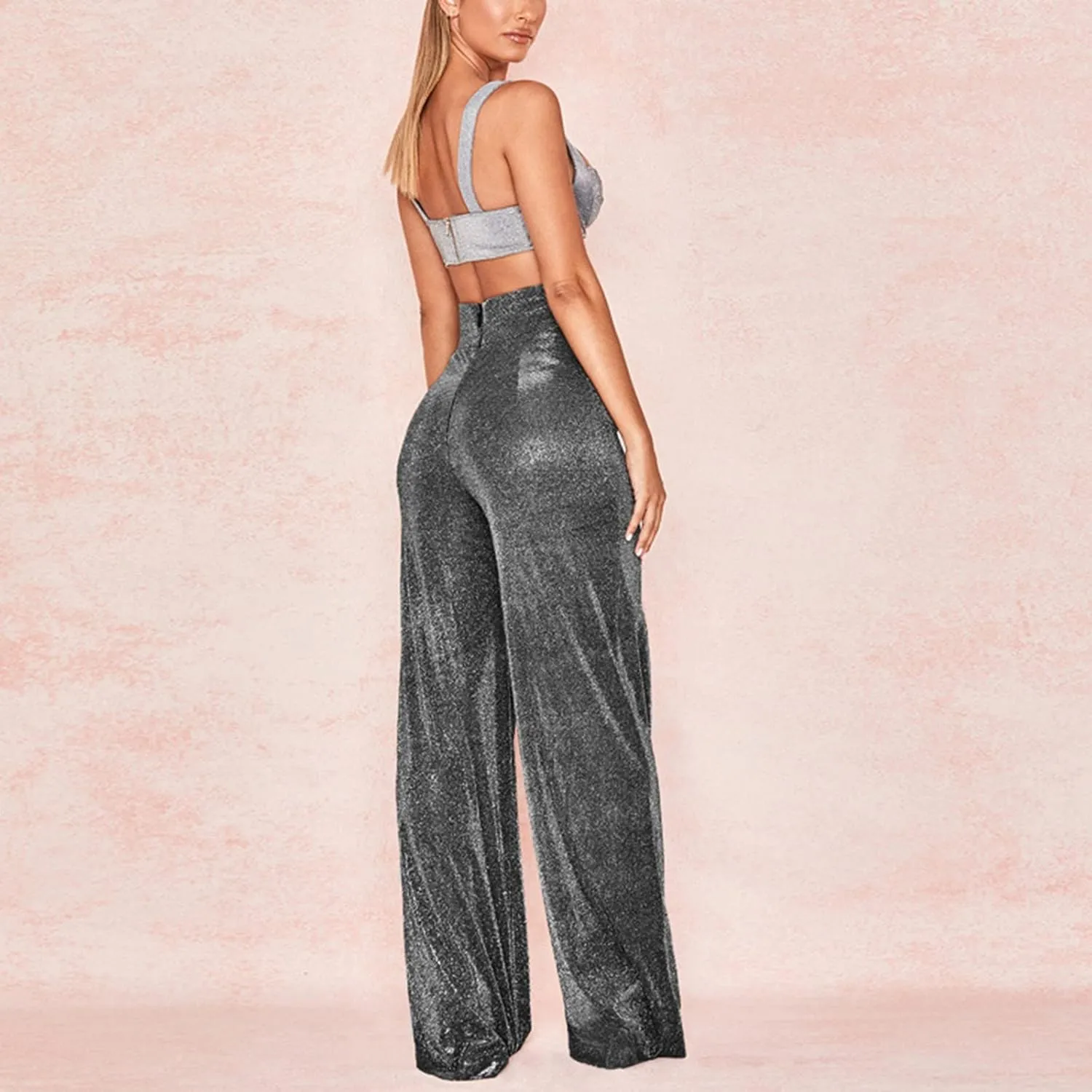 Women's Sequin Flared Pants Sparkly Glitter High Waist Wide Leg Flare Trousers Stretchy Trendy Bell Bottom Night Out Clubwear