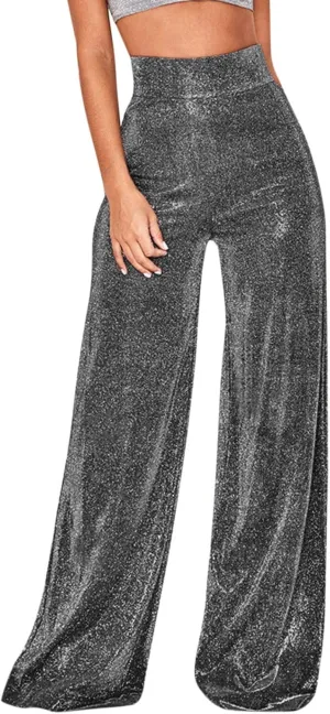 Women's Sequin Flared Pants Sparkly Glitter High Waist Wide Leg Flare Trousers Stretchy Trendy Bell Bottom Night Out Clubwear