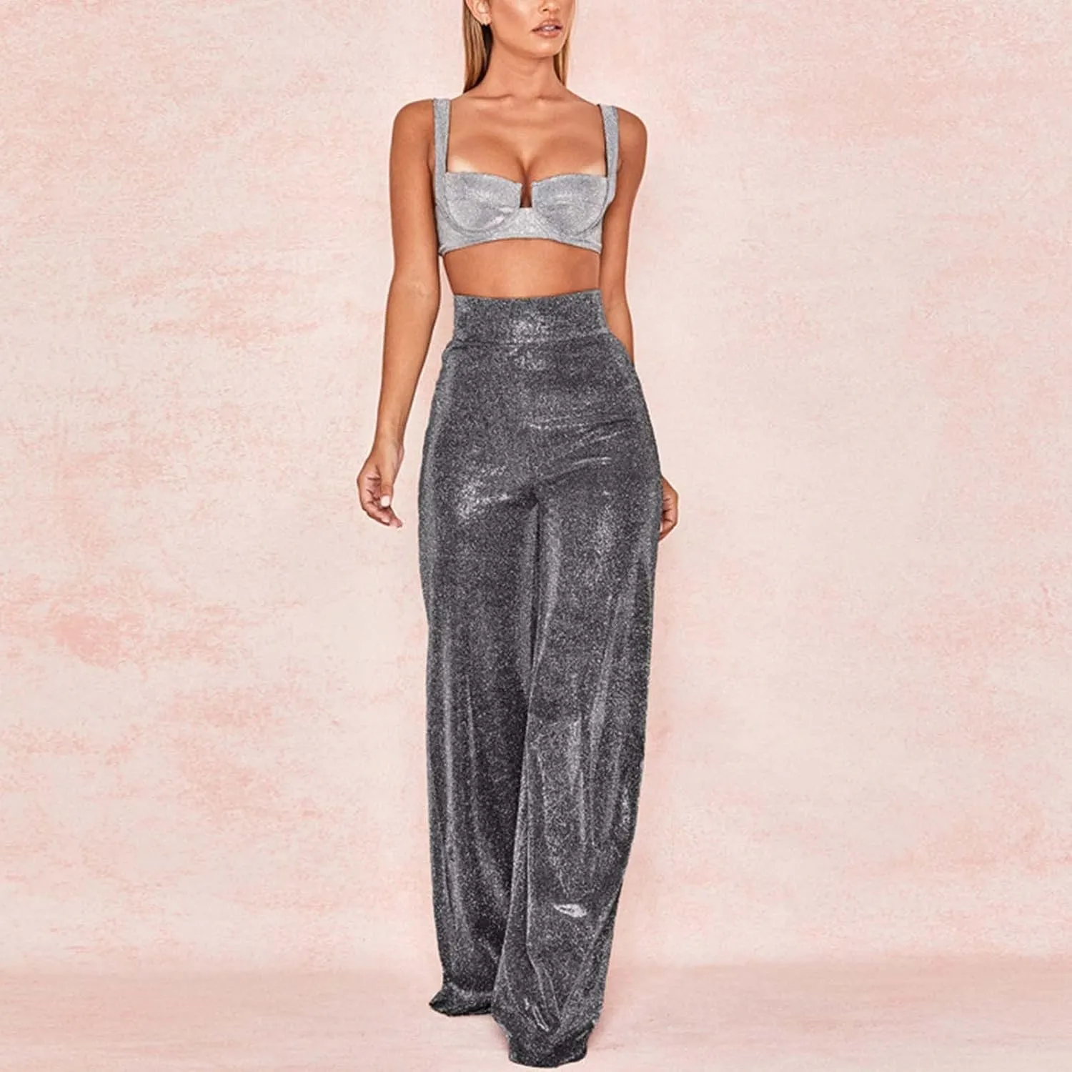 Women's Sequin Flared Pants Sparkly Glitter High Waist Wide Leg Flare Trousers Stretchy Trendy Bell Bottom Night Out Clubwear