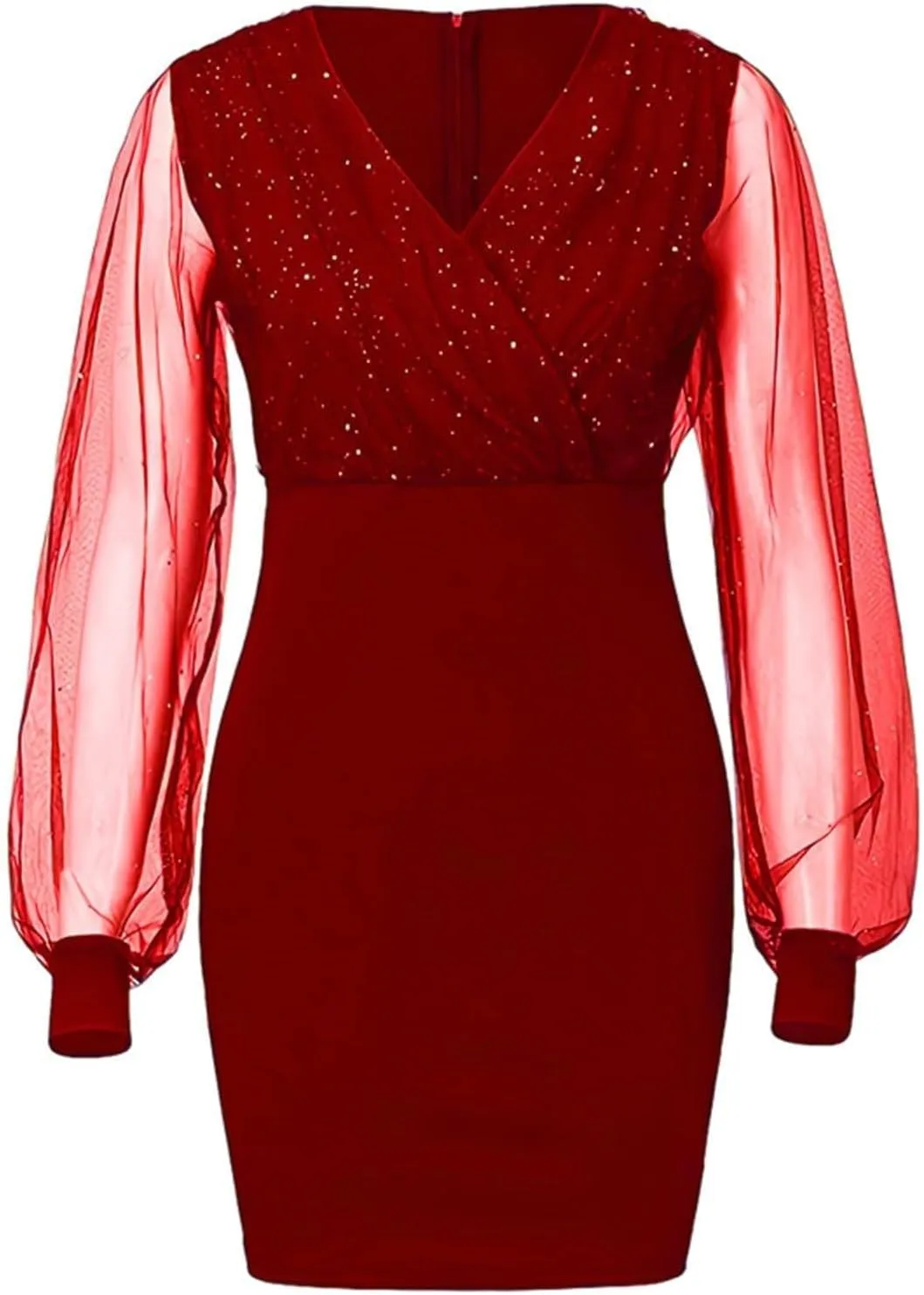Women's Sexy Elegant Trendy Long Sleeve V-Neck Sequin Lace Mesh Midi Cocktail Party Dresses, S-2XL