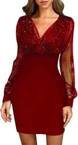 Women's Sexy Elegant Trendy Long Sleeve V-Neck Sequin Lace Mesh Midi Cocktail Party Dresses, S-2XL