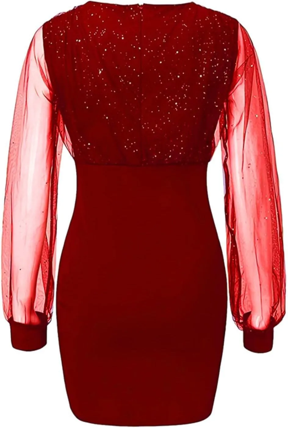 Women's Sexy Elegant Trendy Long Sleeve V-Neck Sequin Lace Mesh Midi Cocktail Party Dresses, S-2XL