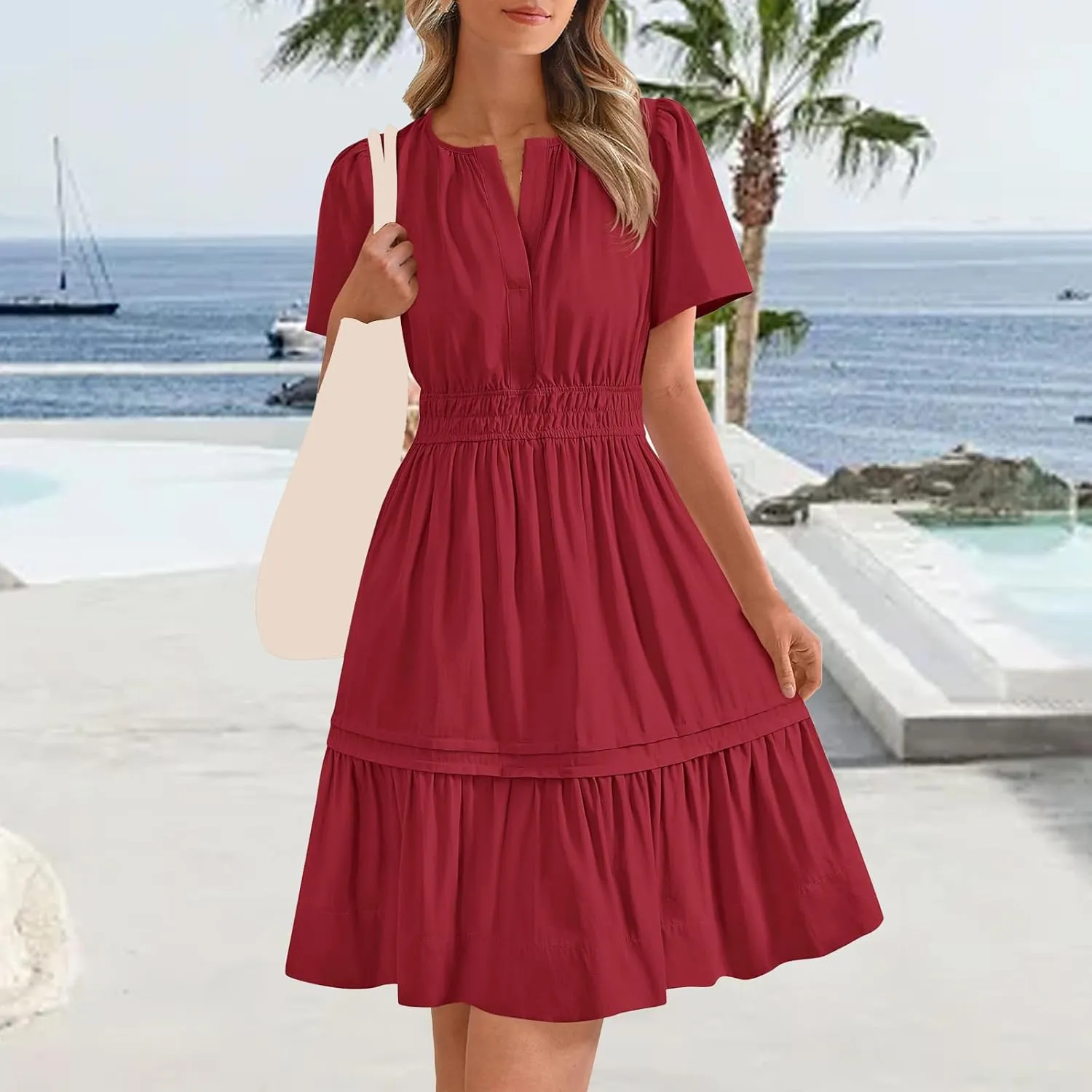 Womens Short Sleeve Dresses V Neck Smocked Waist A-Line Tiered Mini Dress Summer Flowy Boho Vacation Beach Sundress