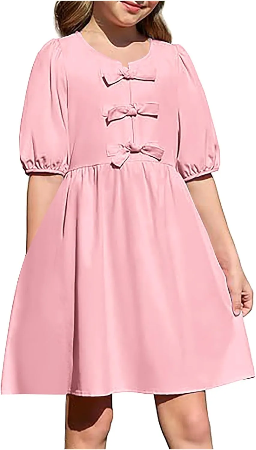 Women's Short Sleeve Tie Front Mini Dress Cute Babydoll Ruffle Pleated A Line Summer Dresses