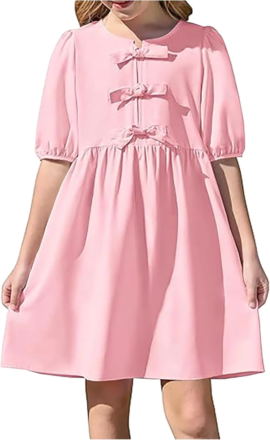 Women's Short Sleeve Tie Front Mini Dress Cute Babydoll Ruffle Pleated A Line Summer Dresses