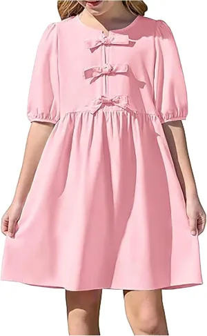 Women's Short Sleeve Tie Front Mini Dress Cute Babydoll Ruffle Pleated A Line Summer Dresses