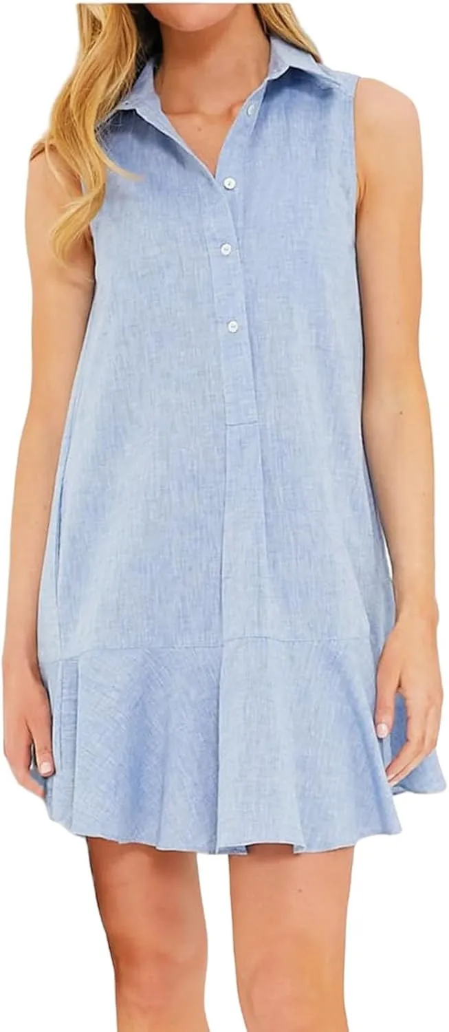 Womens Sleeveless Shirt Dress Lapel Half Nail Buckle Mini Dresses Ruffle Hem Summer Casual Beach Vacation Dress