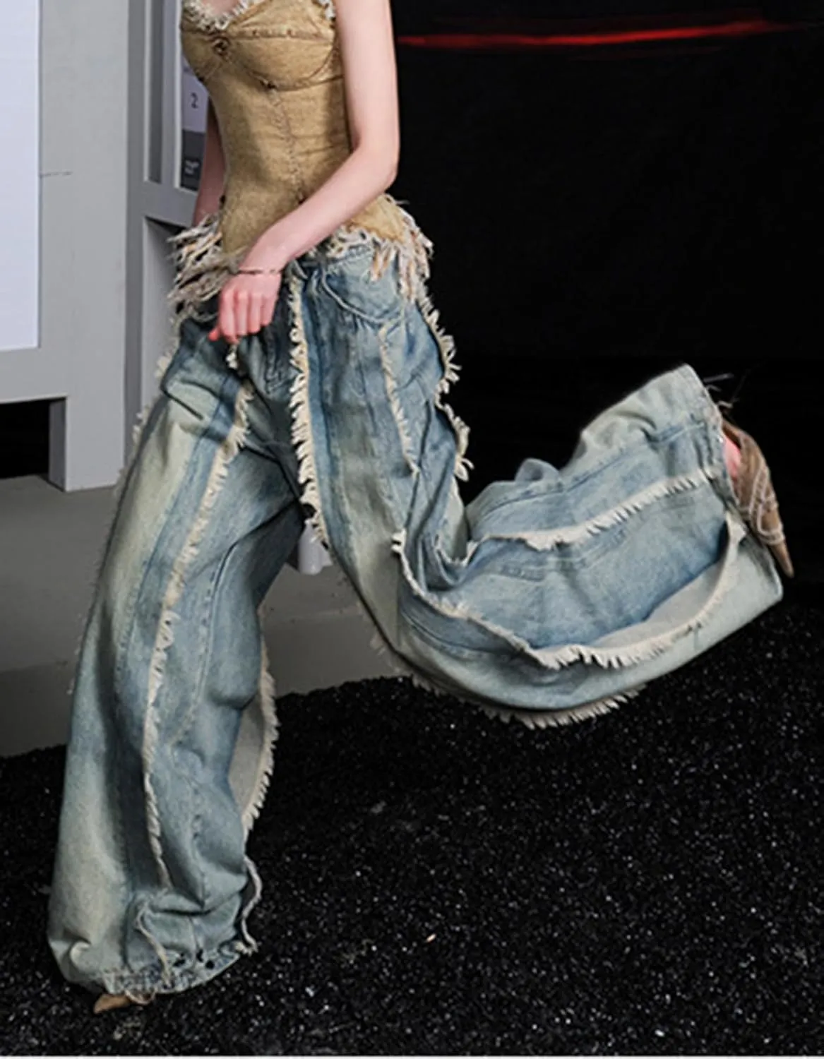 Women's Splicing Tassel Y2K High Waist Loose Jeans Street Hot Girl Fashion Cowboy Pants