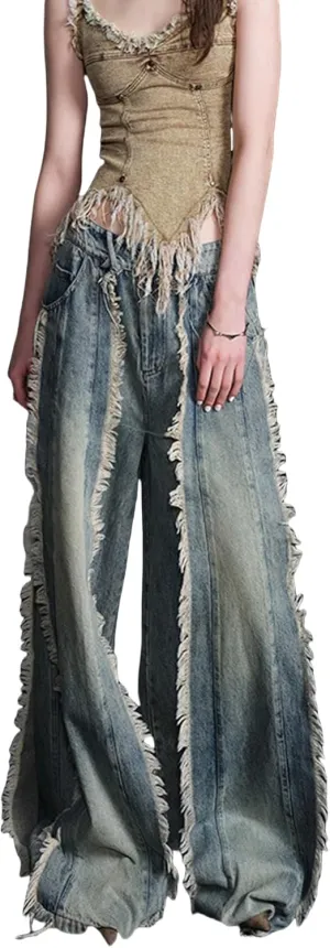 Women's Splicing Tassel Y2K High Waist Loose Jeans Street Hot Girl Fashion Cowboy Pants