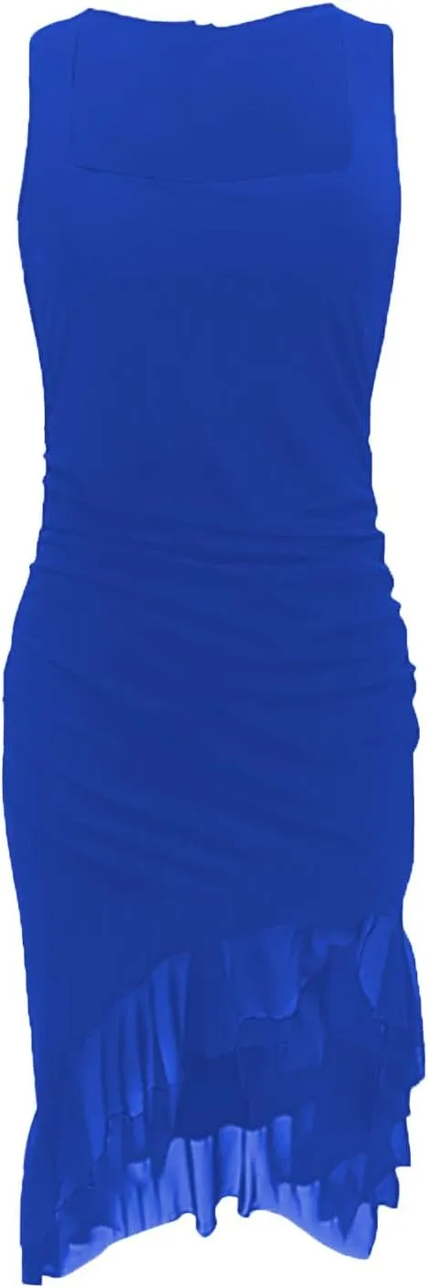 Women's Square Neck Sleeveless Bodycon Midi Dresses Ruched Ruffle Hem Mesh Patchwork Warp Cocktail Party Evening Dress