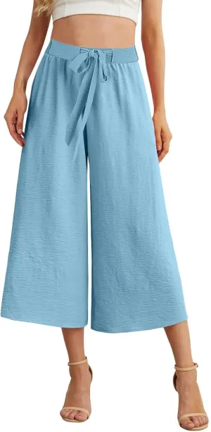 Womens Summer 3/4 Pants Flowy High Waisted Loose Casual Lounge Pant Wide Leg Palazzo Capris Adjustable Pockets S-XXL