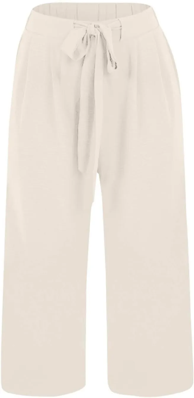 Womens Summer 3/4 Pants Flowy High Waisted Loose Casual Lounge Pant Wide Leg Palazzo Capris Adjustable Pockets S-XXL