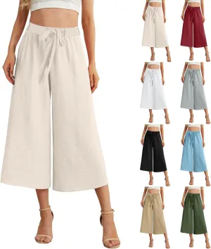 Womens Summer 3/4 Pants Flowy High Waisted Loose Casual Lounge Pant Wide Leg Palazzo Capris Adjustable Pockets S-XXL